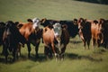 A herd of cows standing on top of a lush green field. Generative AI image. Royalty Free Stock Photo