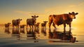 A herd of cows walking across a body of water. Generative AI image.