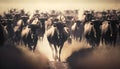 Herd of cows walking on a dirt road in the savannah