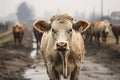 a herd of cows walking down a dirt road