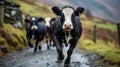 A herd of cows walking down a dirt road. Generative AI image.