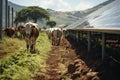 a herd of cows walking down a dirt road