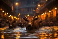 a herd of cows walking through a flooded street at night