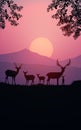 Herd of deer in the natural forest. Wild animals. Mountains horizon hills silhouettes of trees. Evening Sunrise and sunset.