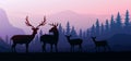 Herd of deer in the natural forest. Wild animals. Mountains horizon hills silhouettes of trees. Evening Sunrise and sunset.