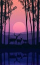 Herd of deer in the natural forest. Wild animals. Mountains horizon hills silhouettes of trees. Evening Sunrise and sunset.