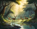 A herd of deer standing on top of a lush green forest, mystical forest lagoon, deers drinking water in the lake.