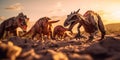 A herd of dinosaurs walking across a rocky field. Generative AI image.