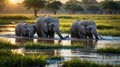 A Family of Elephants Wading Through a Shallow River in the African Savanna at Sunset Royalty Free Stock Photo