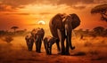Herd of Elephants Walking Across Dry Grass Field