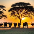 herd of elephants walking across dry grass field at sunset with the sun in the