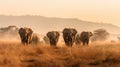 A herd of elephants walking across a field, AI Royalty Free Stock Photo