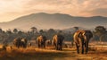 A herd of elephants walking across a field, AI Royalty Free Stock Photo