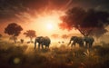 A herd of elephants walking across a lush green field. AI generative image.