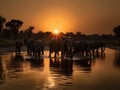 A herd of elephants walking across a river at sunset. AI generative image. Royalty Free Stock Photo