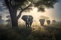 Herd of elephants walking across the savanna at sunrise. Amazing African wildlife. Generative Ai