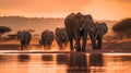 A herd of elephants walking along a river. Generative AI image. Royalty Free Stock Photo