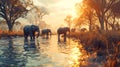 a herd of elephants walking along a water hole at sunrise Royalty Free Stock Photo