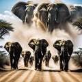 herd of elephants walking down dusty road in the dark with dust coming from