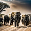 herd of elephants walking down dusty road in the dark with dust coming from