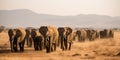 A herd of elephants walking together across the savanna, concept of Animal migration, created with Generative AI