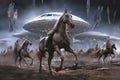 a herd of galloping horses, with an alien spacecraft in the background Royalty Free Stock Photo