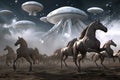 a herd of galloping horses, with an alien spacecraft in the background Royalty Free Stock Photo