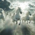 Herd of galloping white horses in misty atmosphere, dramatic scene Royalty Free Stock Photo