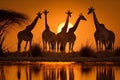 Herd of giraffes in the setting sun