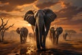 A herd group of a family of African elephants on the Savanah prairie at sunset. AI generated. Royalty Free Stock Photo