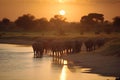 A herd group of a family of African elephants on the Savanah prairie at sunset. AI generated. Royalty Free Stock Photo