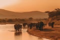 A herd group of a family of African elephants on the Savanah prairie at sunset. AI generated. Royalty Free Stock Photo