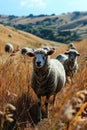 A herd of a group of sheep walking through tall grass, AI