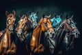 A herd of horses of different colors on a black background.