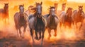 A herd of horses in a field runs in the dust at sunset, Generative AI Royalty Free Stock Photo