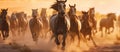 A herd of horses in a field runs in the dust at sunset, Generative AI Royalty Free Stock Photo