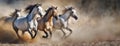 Herd of Horses Galloping Through Dusty Trail. A dynamic scene with several horses in mid-gallop, dust rising beneath