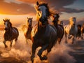 A herd of horses galloping on the sea waves at sunset. Running horses in the sunlight on the beach. Generative AI Royalty Free Stock Photo