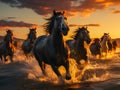 A herd of horses galloping on the sea waves at sunset. Running horses in the sunlight on the beach. Generative AI Royalty Free Stock Photo
