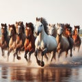 A herd of horses galloping on the water. Royalty Free Stock Photo