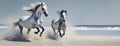 Herd of Horses Running on the Beach, Dust Flying Beneath Hooves. A dynamic scene of mares galloping on shore, raw power Royalty Free Stock Photo