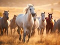 Herd of horses running in dusty meadow at sunset. Generative Ai Royalty Free Stock Photo