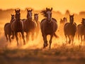 Herd of horses running in dusty meadow at sunset. Generative Ai Royalty Free Stock Photo