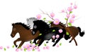 Herd of horses running in falling blooms of tree