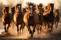 a herd of horses runs,wild horses run into a sandstorm and dust from under their hooves, generative ai Royalty Free Stock Photo