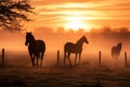 Herd of horses walking in fog early morning. Generative AI