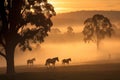 Herd of horses walking in fog early morning. Generative AI Royalty Free Stock Photo