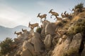 a herd of ibex leaping from cliffside, with the view of a breathtaking vista in the background