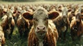 A herd of a large group of cows standing in the grass, AI