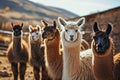 herd of llamas or alpacas on the farm in mountains Royalty Free Stock Photo
